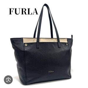 Furla Black and Beige Leather Tote Bag